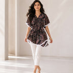 Women's Artistic Marble Print Kaftan Top with Lace Trim-1