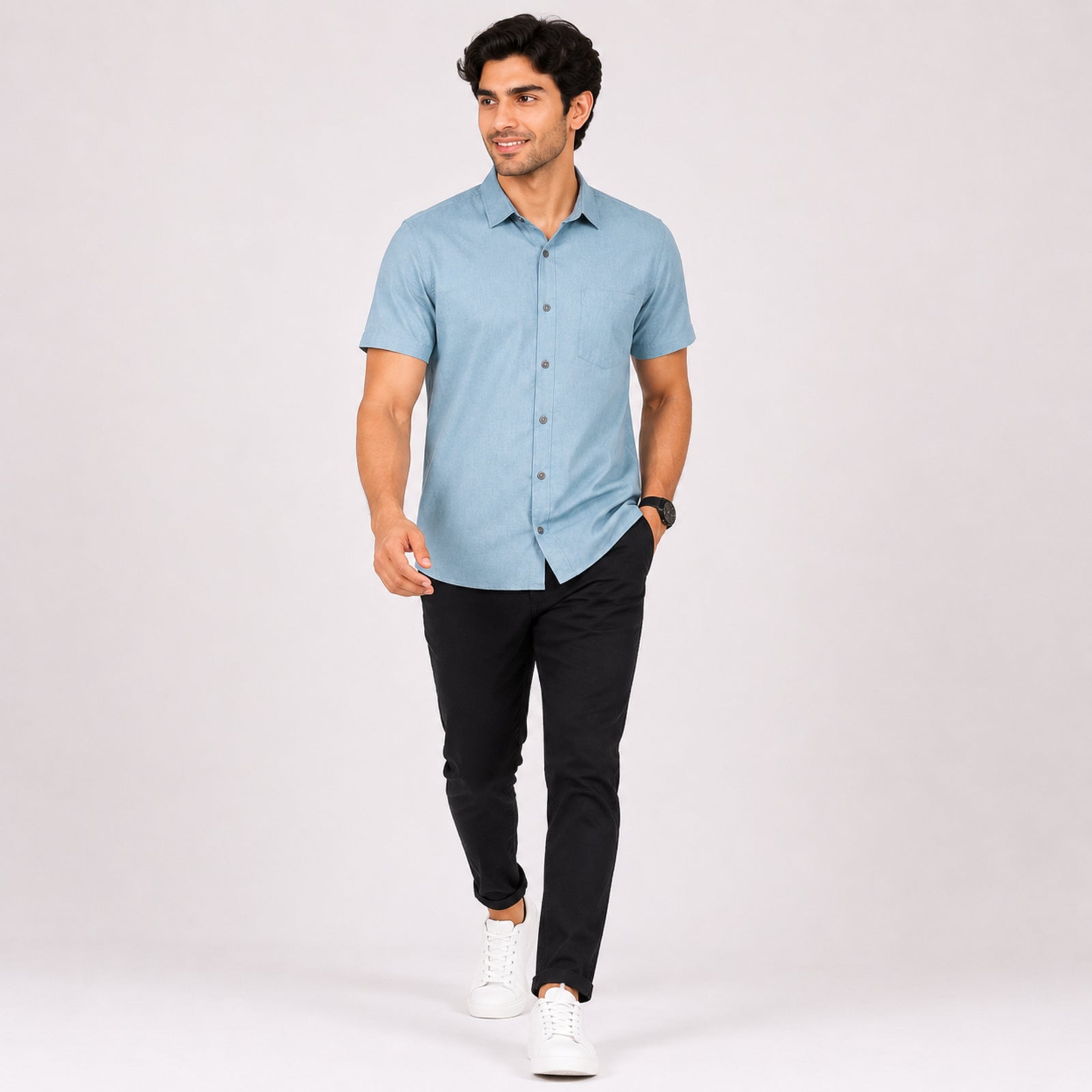 Men's Sky Blue Casual Half Sleeve Shirt-4
