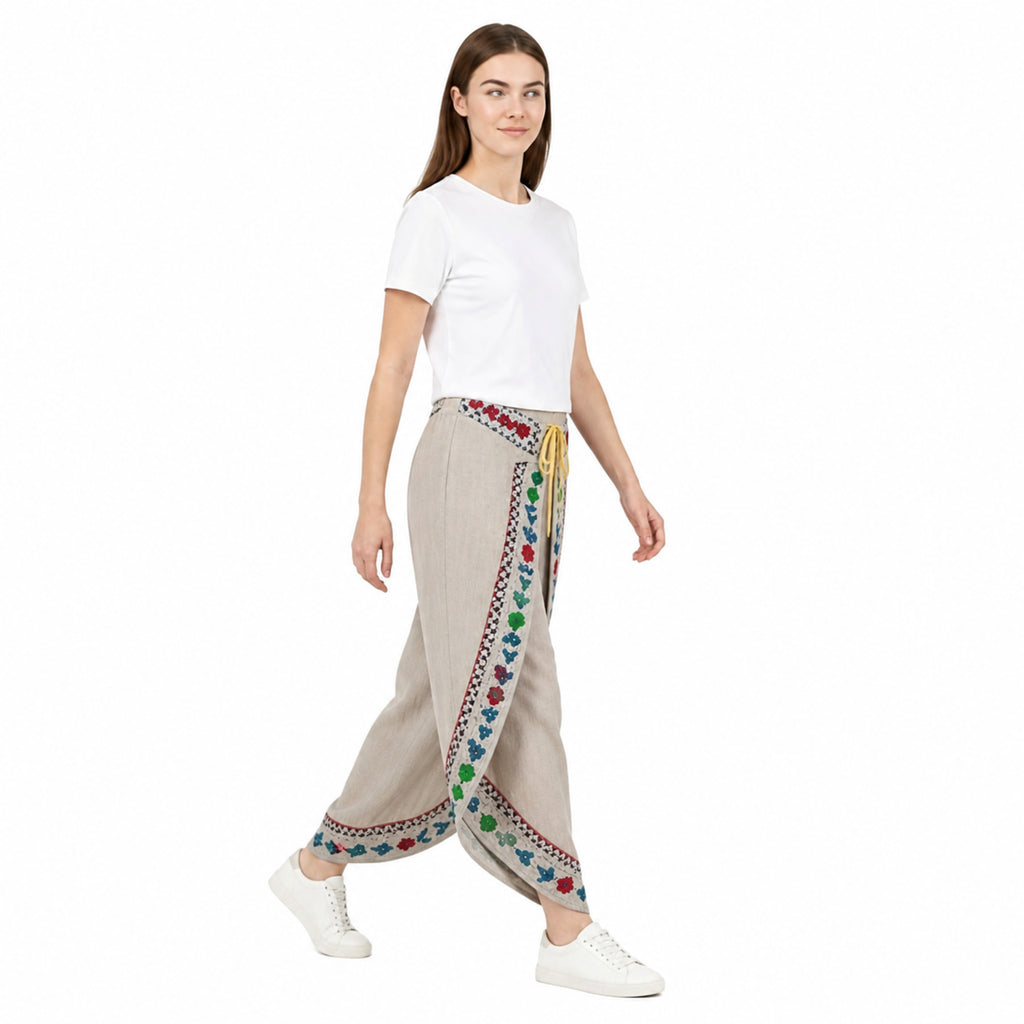Beige Bloom Draped Wrap Trousers-3