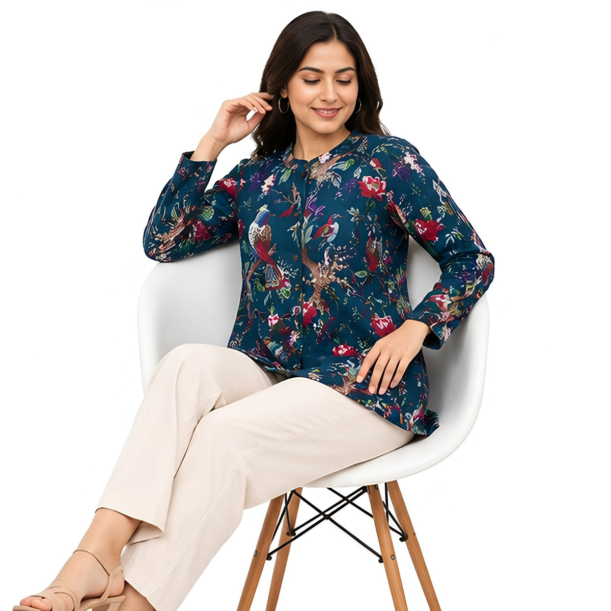 Women’s Navy Blue Floral Printed Jacket – Full Sleeve Button-Front Jacket with Round Neck-3
