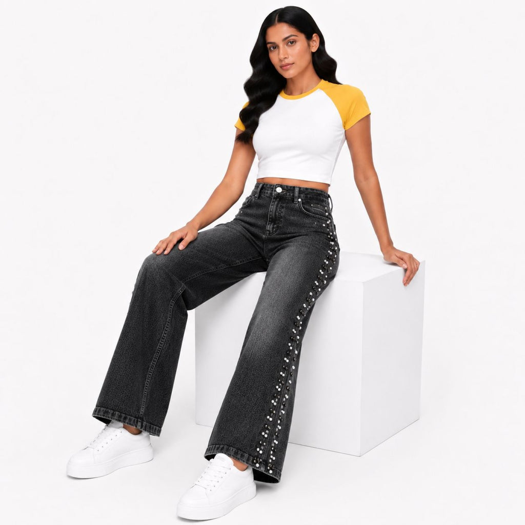 Women's Faded Grey Wide Leg Jeans with Side Stud Detail | High-Rise Premium Denim-1
