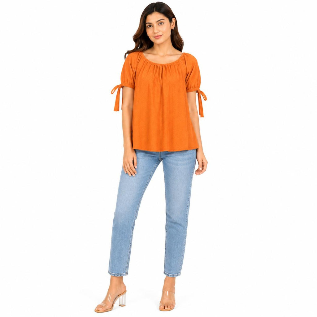 Women's Burnt Orange Gathered Neck Tie-Sleeve Casual Top-2