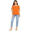 Women's Burnt Orange Gathered Neck Tie-Sleeve Casual Top-2