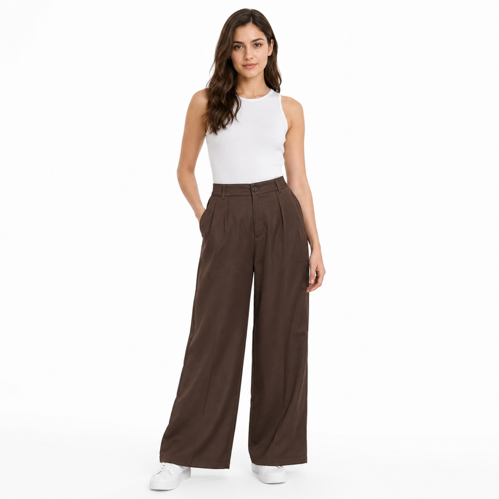 Women's Dark Brown High-Waist Pleated Wide Leg Trousers-1