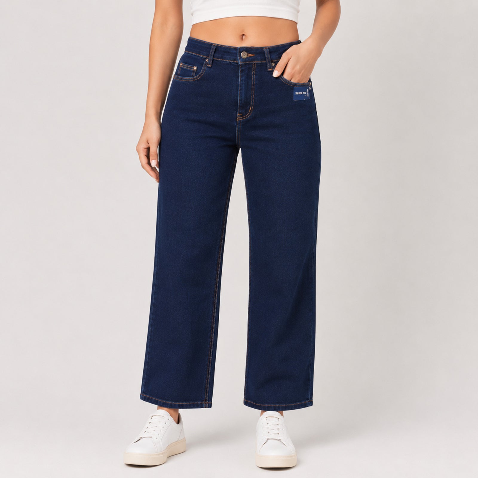 Women's Dark Blue Wide Leg Denim Jeans-1