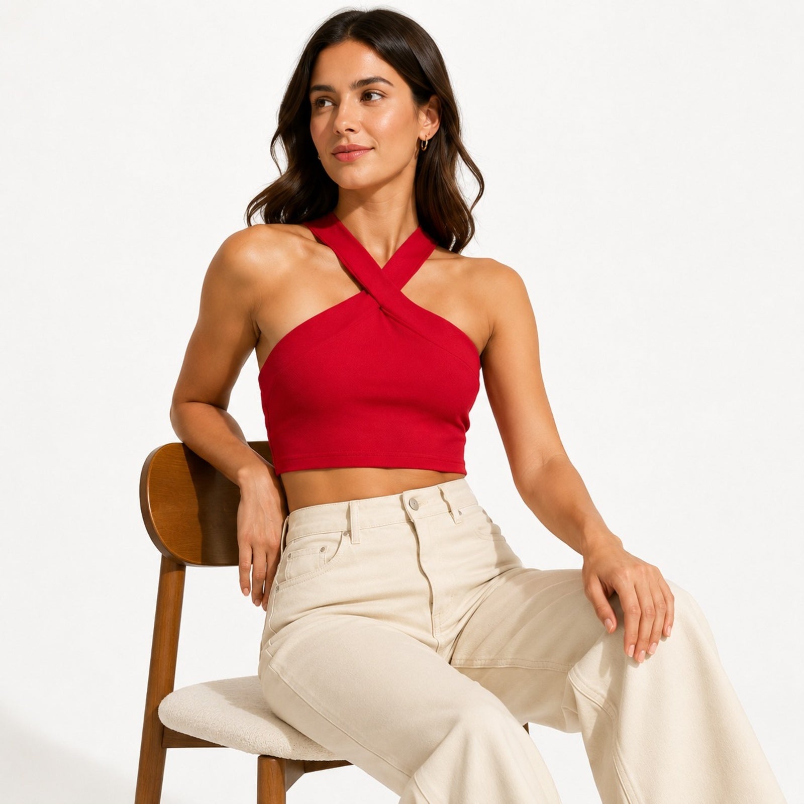 Women's Red Solid Sleeveless Criss-Cross Halter Neck Crop Top for Casual and Party Wear-3