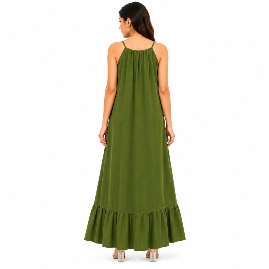 Women's Olive Green Sleeveless Flowy Maxi Dress-2