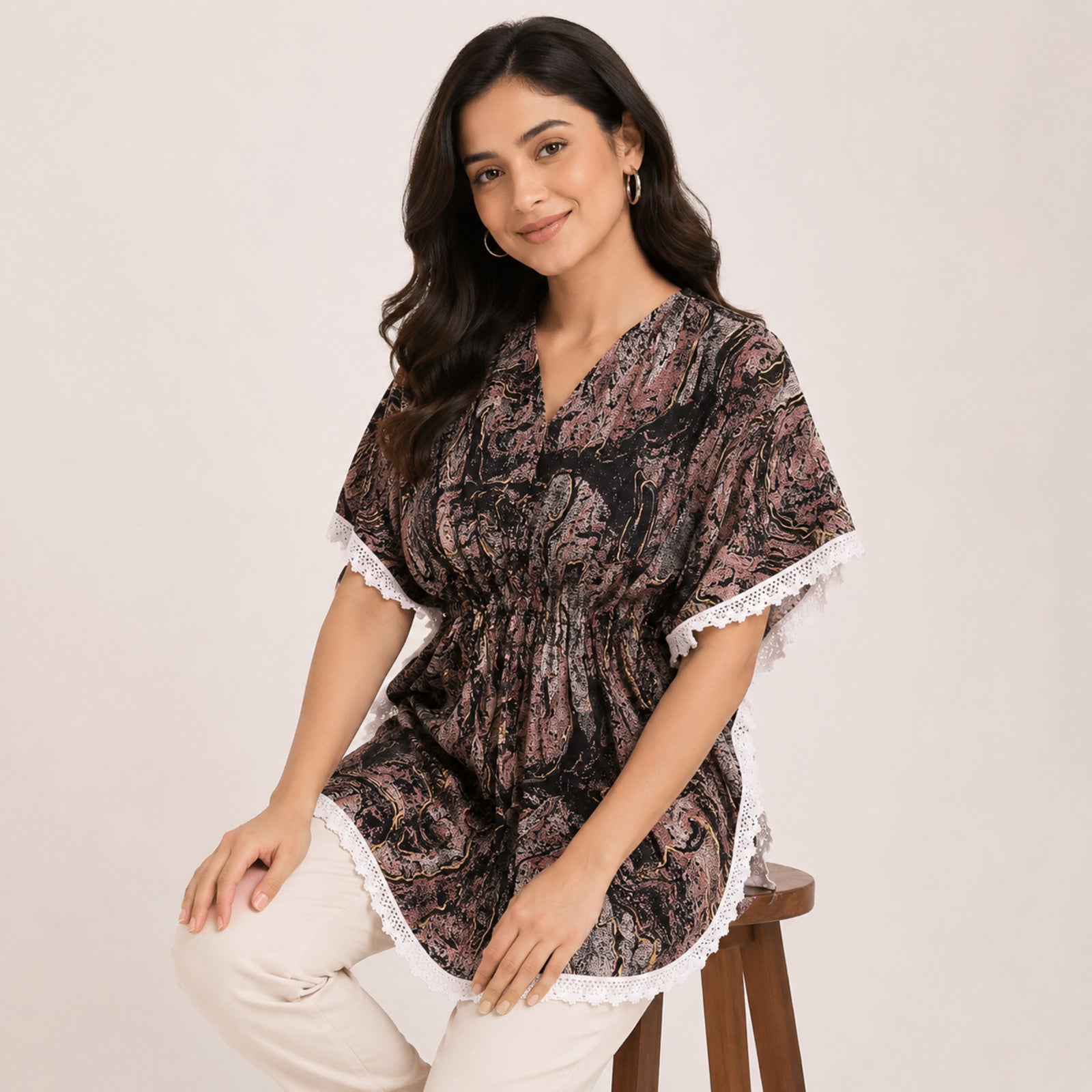 Women's Artistic Marble Print Kaftan Top with Lace Trim-2