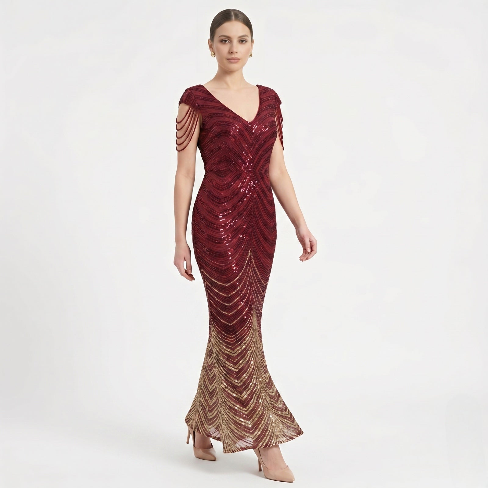 Ruby Glam Fringe Sequin Evening Gown-1