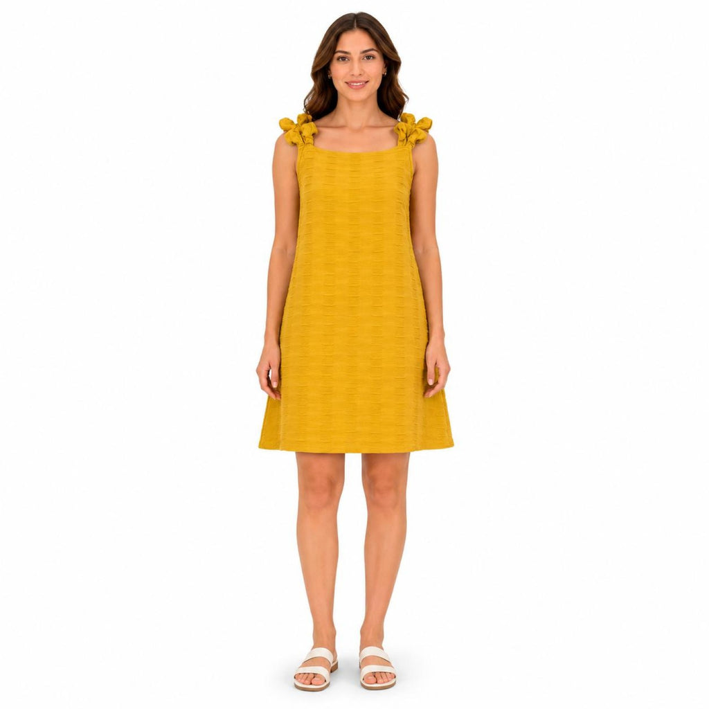 Women's Mustard Yellow Textured Sleeveless A-Line Mini Dress with Bow Straps-2
