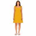 Women's Mustard Yellow Textured Sleeveless A-Line Mini Dress with Bow Straps-2
