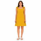 Women's Mustard Yellow Textured Sleeveless A-Line Mini Dress with Bow Straps-2