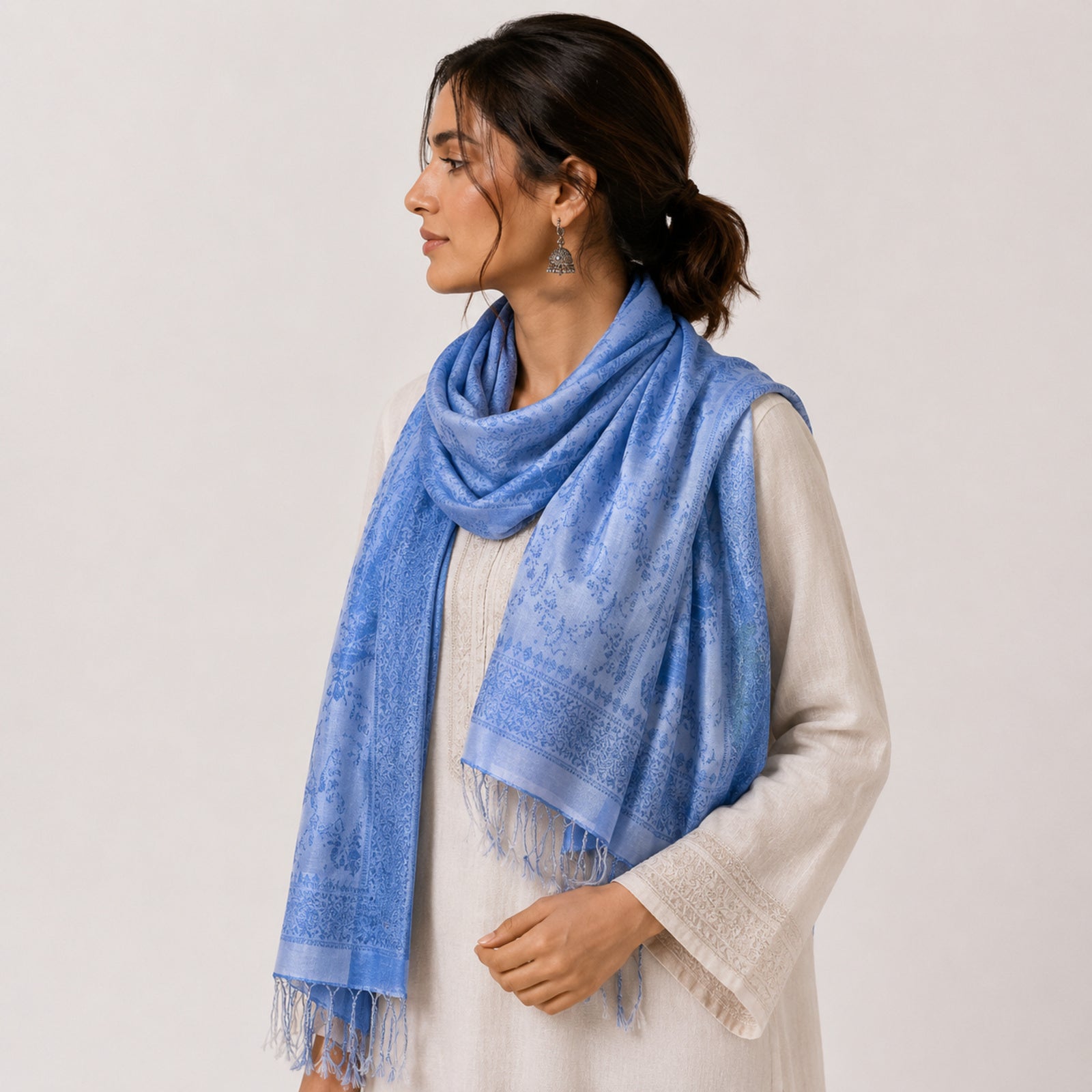 Women's Sky Blue Woven Pashmina Shawl-1
