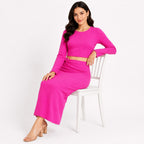 Women's Hot Pink Long Sleeve Crop Top and Maxi Skirt Co-Ord Set-3