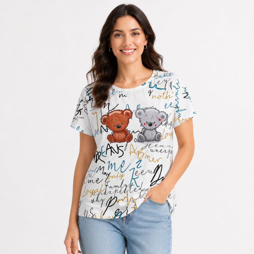 Women's Off White Teddy Bear Graphic Printed T-Shirt | Casual Everyday Cotton Tee-2