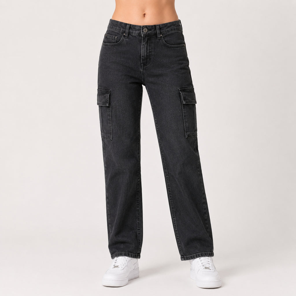 Women's Dark Grey Cargo Wide Leg Denim Jeans-1