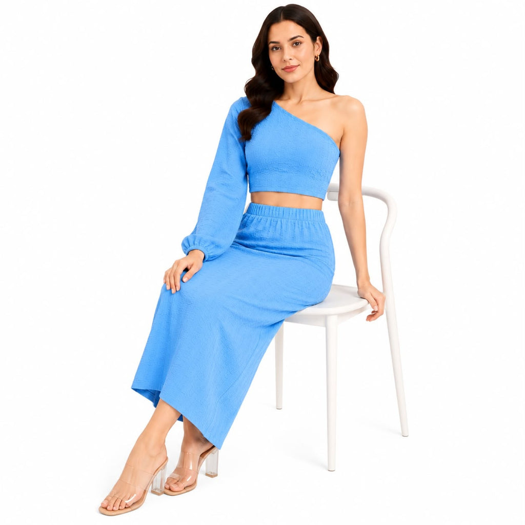 Women's Blue One-Shoulder Crop Top and Maxi Skirt Co-Ord Set-2