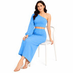 Women's Blue One-Shoulder Crop Top and Maxi Skirt Co-Ord Set-2