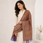 Women's Luxury Jacquard Golden Silk Stole with Purple Border and Tassel Fringe-2