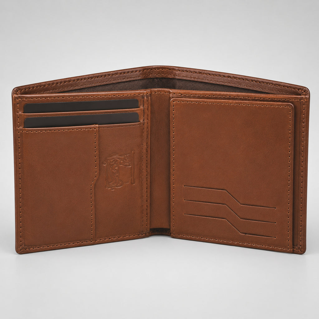 Men's Luxury Tan Leather Bifold Wallet with Embossed Brand Branding-3