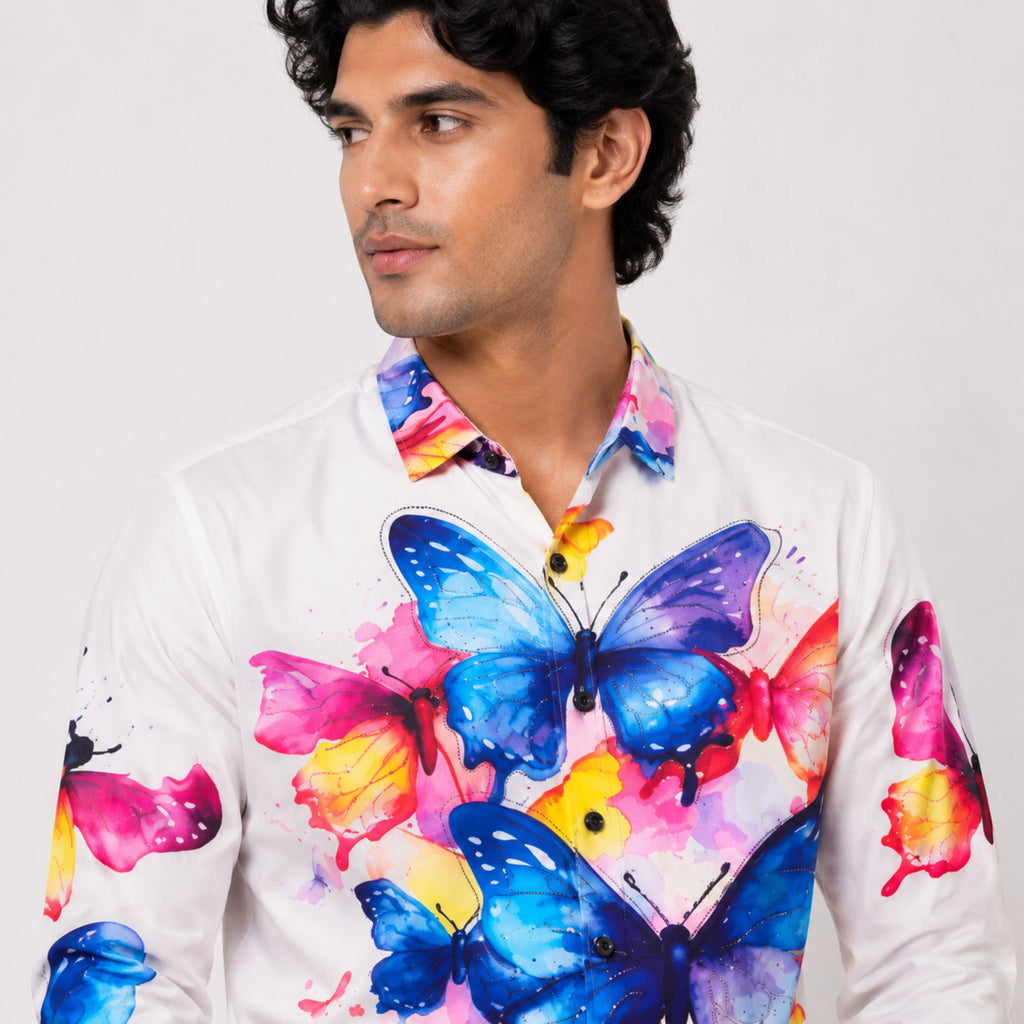 Men's White Butterfly Print Designer Shirt-3