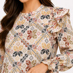 Women's Beige Geometric Print Ruffle Sleeve Top-4