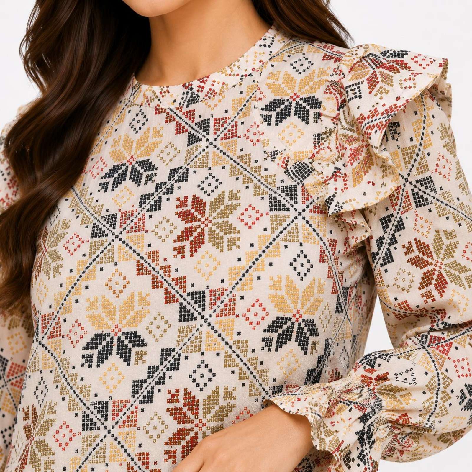 Women's Beige Geometric Print Ruffle Sleeve Top-4