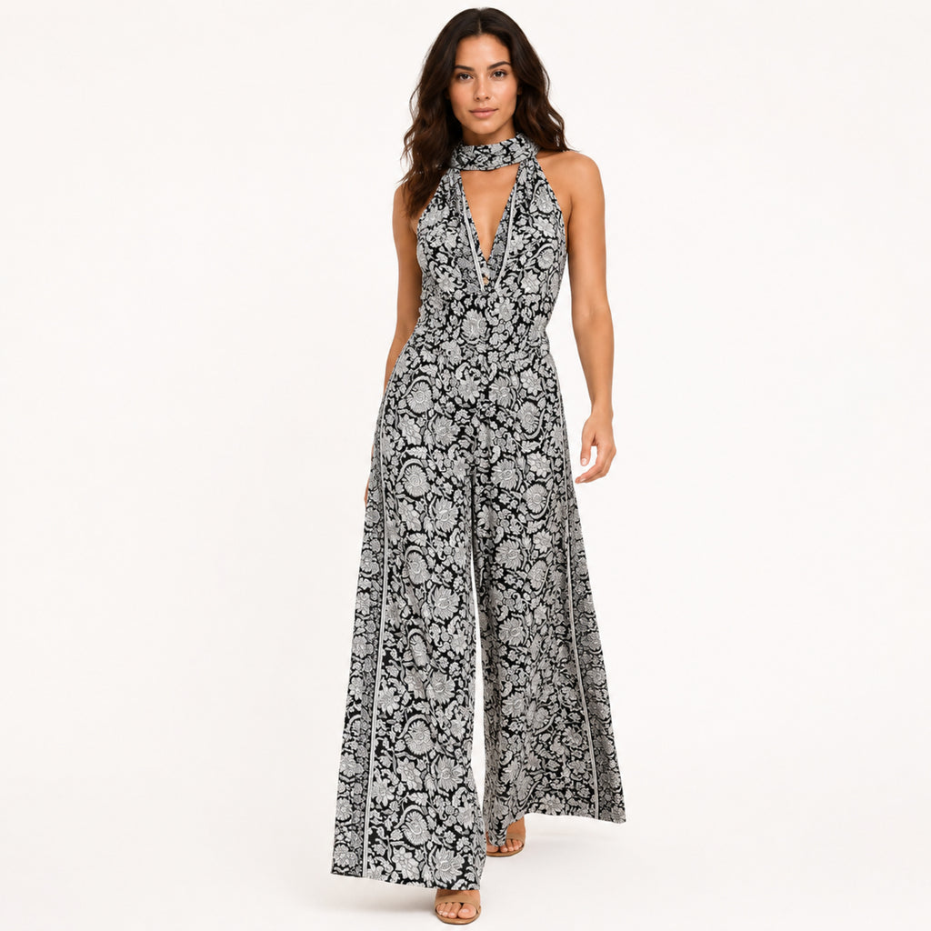 Women's White & Black  Floral Halter Neck Wide Leg Jumpsuit | Elegant Resort Wear Jumpsuit-1