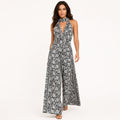 Women's White & Black  Floral Halter Neck Wide Leg Jumpsuit | Elegant Resort Wear Jumpsuit-1
