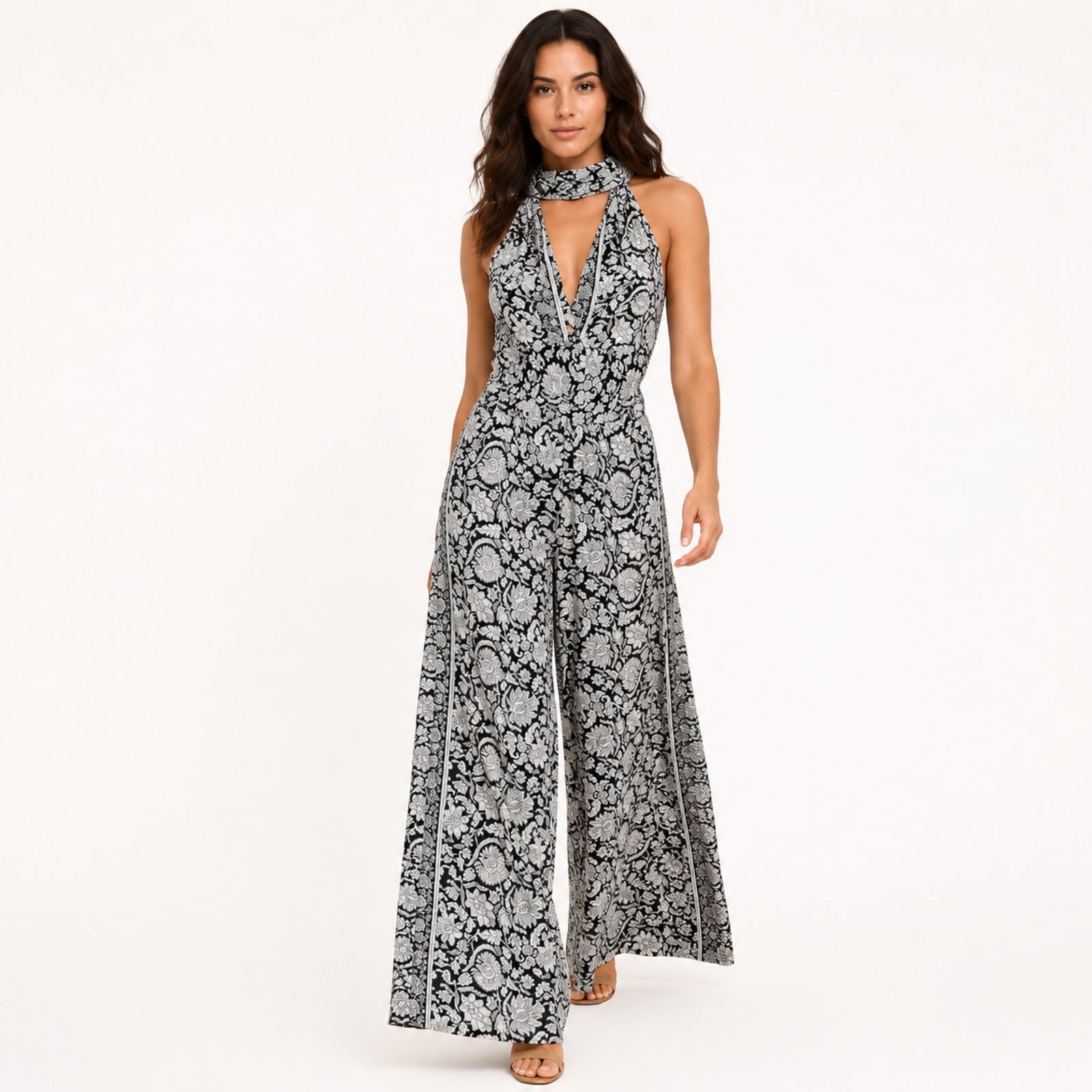 Women's White & Black  Floral Halter Neck Wide Leg Jumpsuit | Elegant Resort Wear Jumpsuit-1