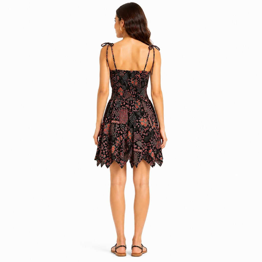 Women's Black Floral Print Smocked Fit & Flare Mini Dress-1