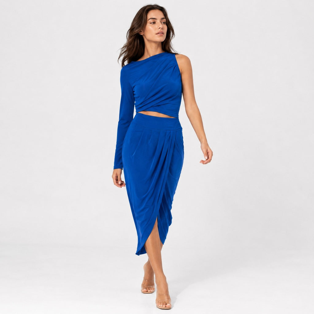 Women's Blue Solid One-Shoulder Full Sleeve Draped Midi Dress for Party and Evening Wear-1