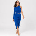 Women's Blue Solid One-Shoulder Full Sleeve Draped Midi Dress for Party and Evening Wear-1