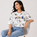 Women's Celestial Alabaster White "Peace" Graphic Tee with Abstract Monochromatic Typography-2