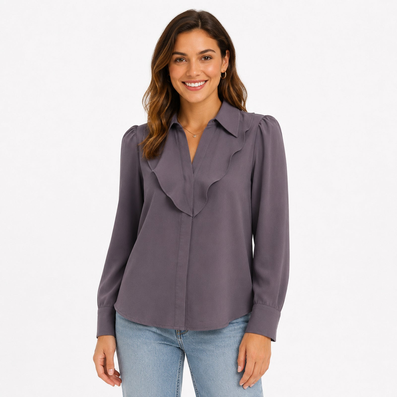 Women's Grey Ruffle Detail Long Sleeve Shirt-1