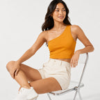 Women's Orange One-Shoulder Sleeveless Fitted Crop Top | Solid Asymmetric Casual Top-2