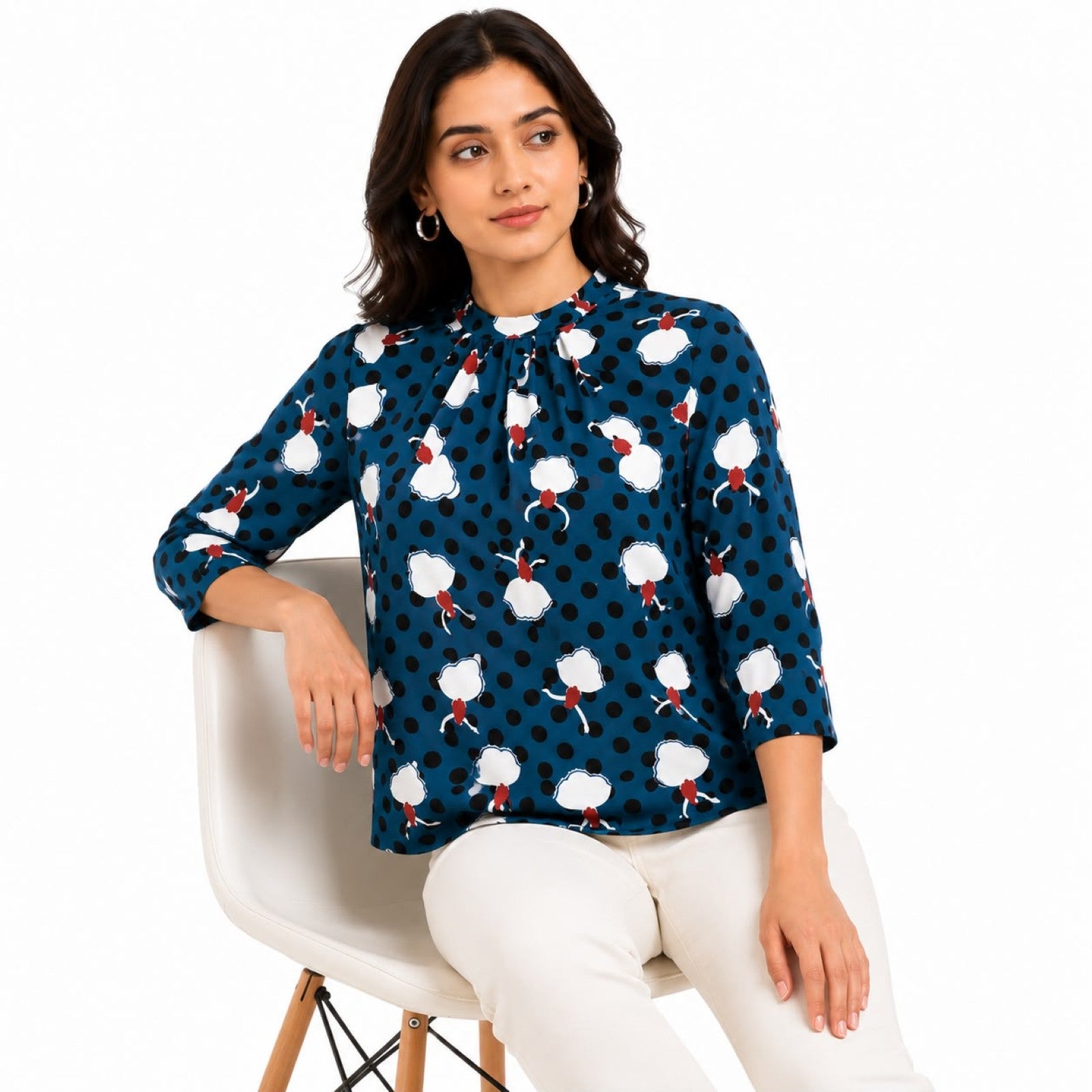 Women's Navy Blue Floral Polka Dot Printed Top-2