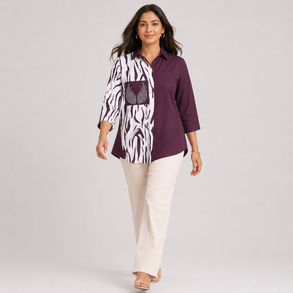 Women's Maroon Zebra Print Color Block Casual Top | Elegant Collared Smart Casual Designer Blouse-3