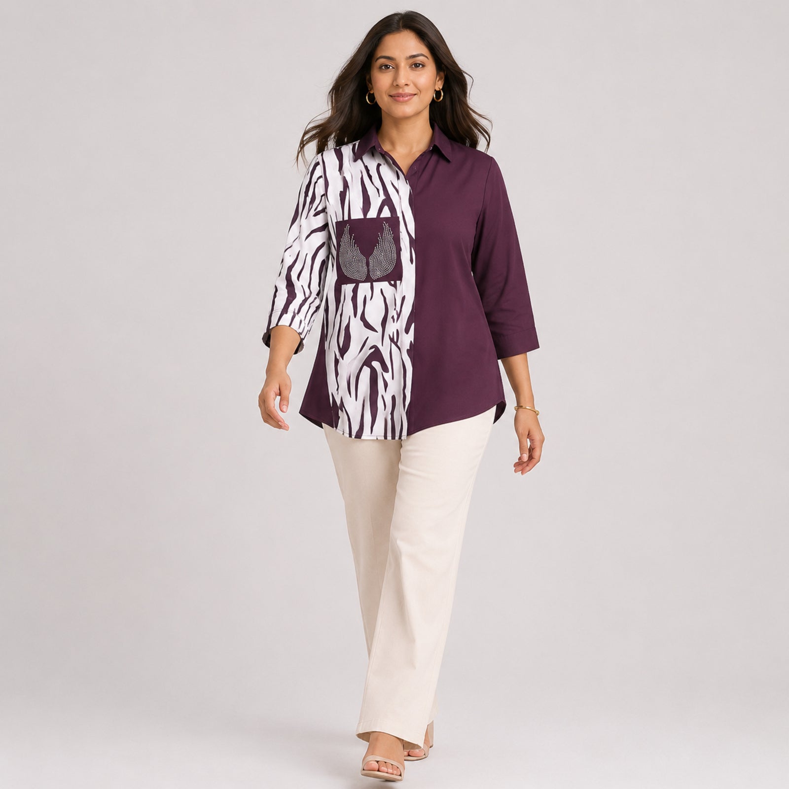 Women's Maroon Zebra Print Color Block Casual Top | Elegant Collared Smart Casual Designer Blouse-3