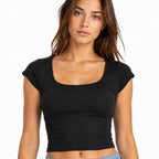 Women's Black Scoop Neck Cap Sleeve Cropped Casual Top-3