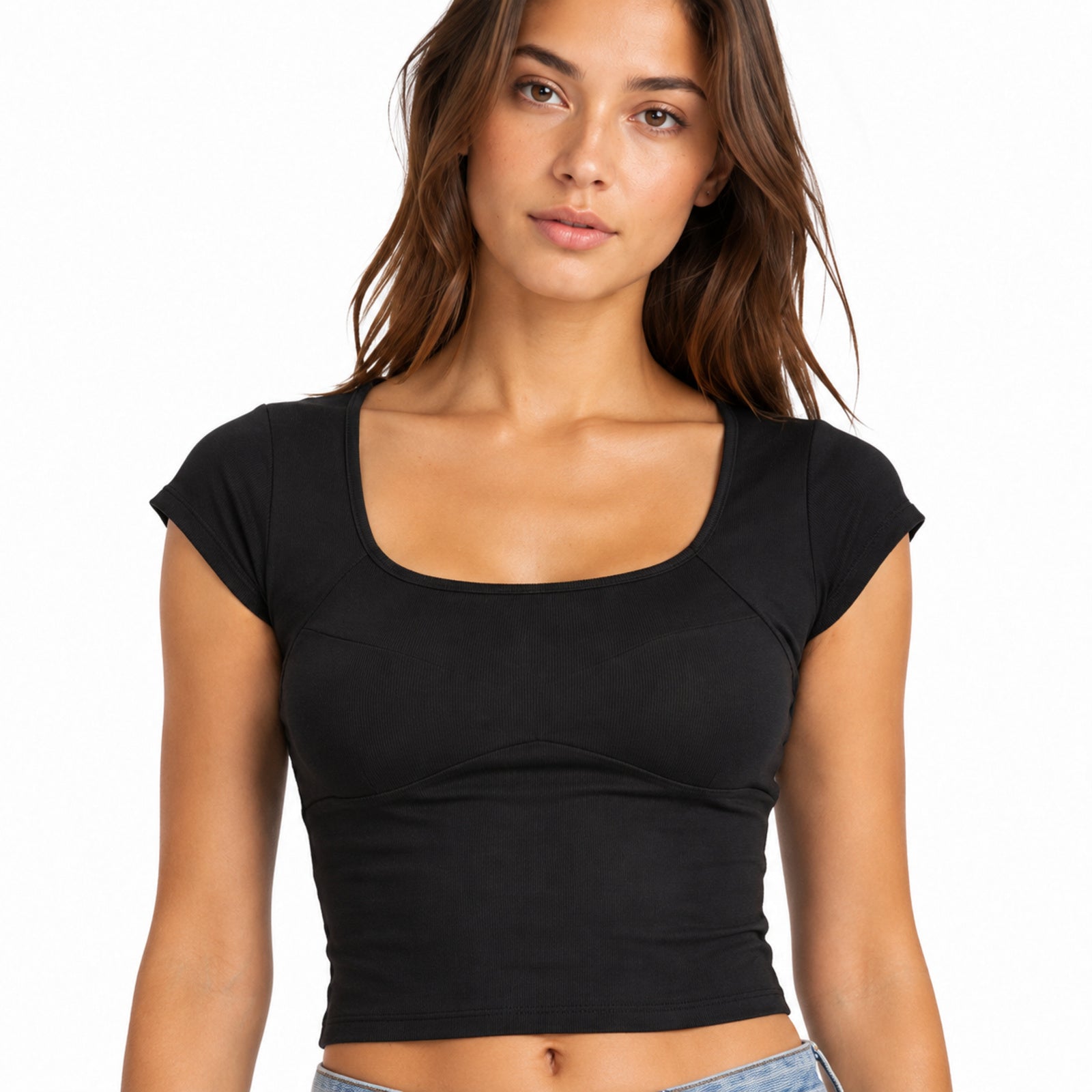 Women's Black Scoop Neck Cap Sleeve Cropped Casual Top-3