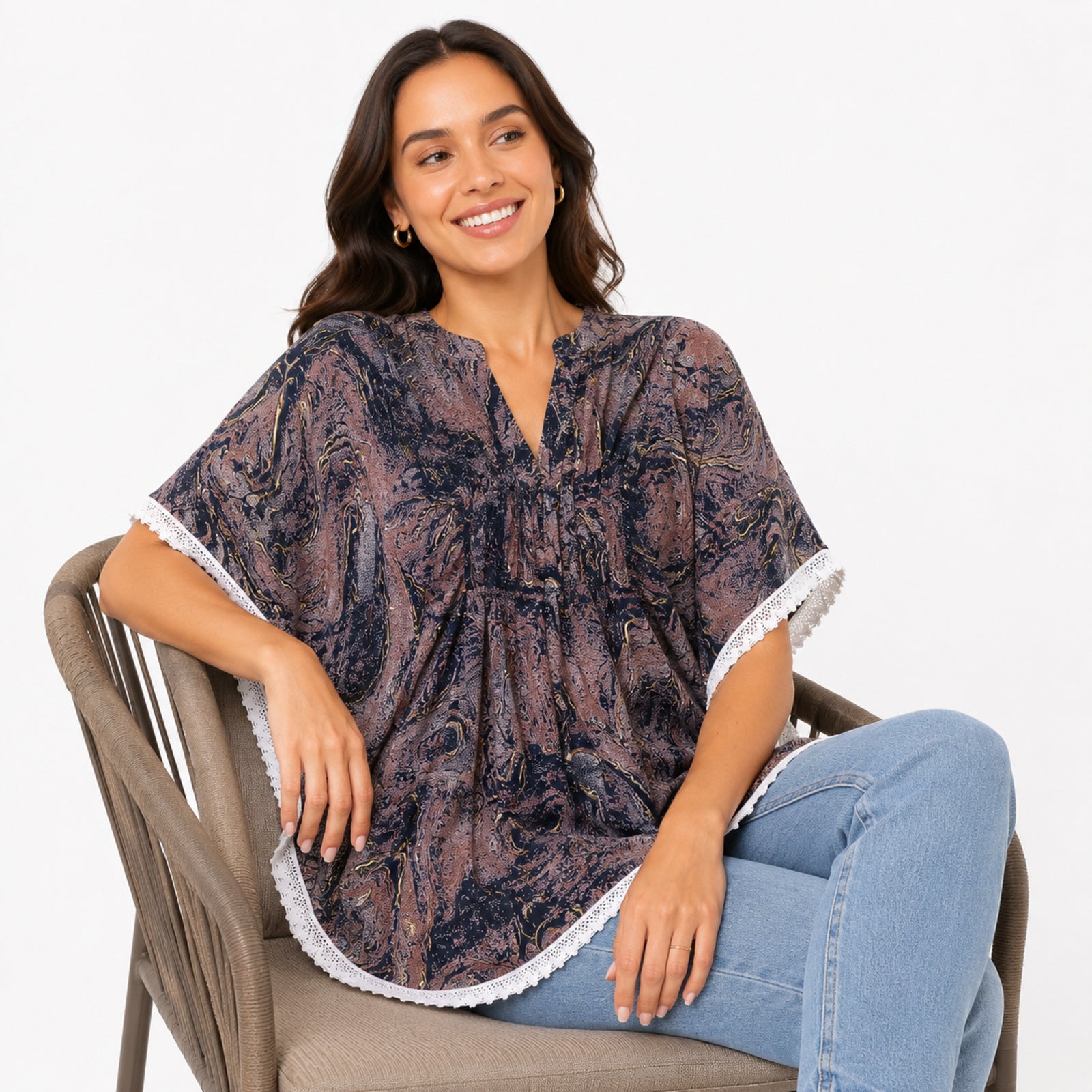 Women's Multicolor Abstract Printed Kaftan Top with Lace Border-2