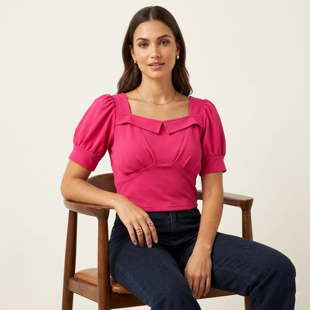 Women's Puff Sleeve Sweetheart Neck Crop Top-2