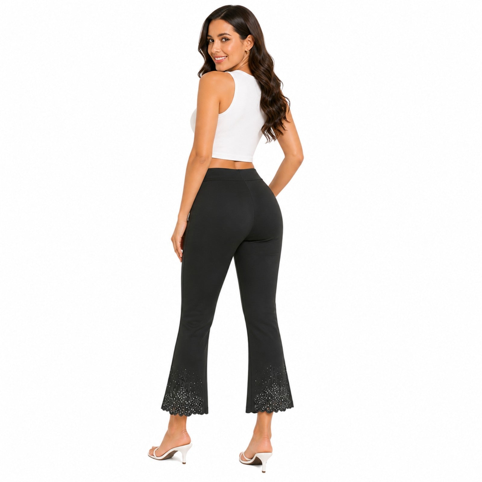 Olive Green Lace Hem Flared Jeggings-2