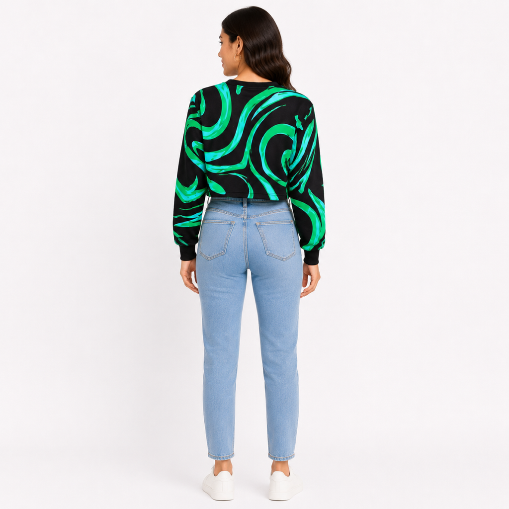 Women's Green Abstract Print Long Sleeve Crop Sweatshirt-2