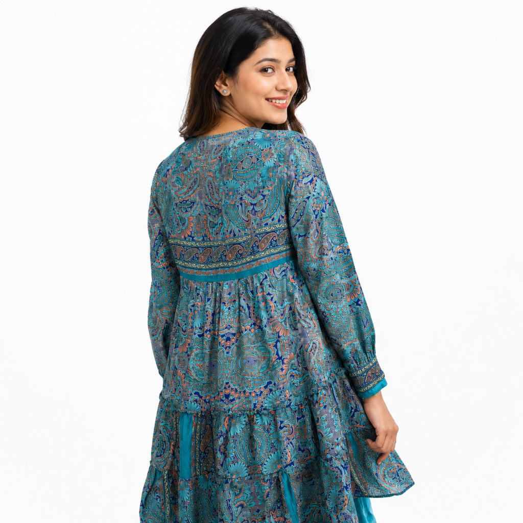 Women's Teal Blue Paisley Printed Tiered Maxi Dress-3