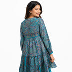 Women's Teal Blue Paisley Printed Tiered Maxi Dress-3