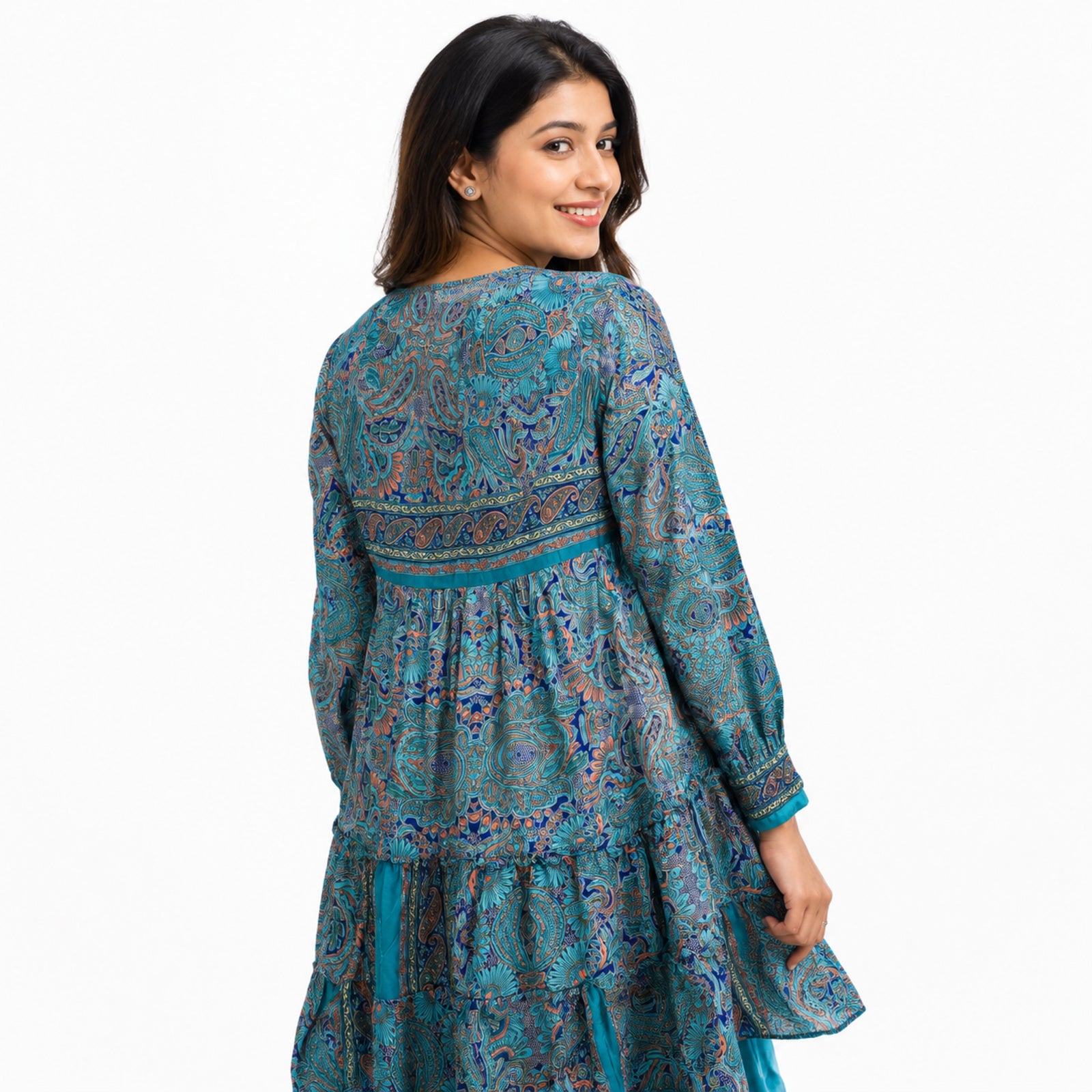 Women's Teal Blue Paisley Printed Tiered Maxi Dress-3