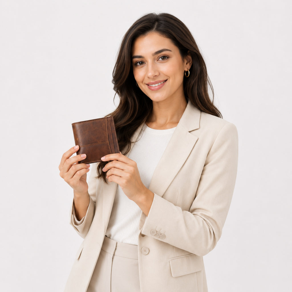 Women's Luxury Tan Brown Leather Vertical Trifold Wallet with Contrast Stitch Detail-3