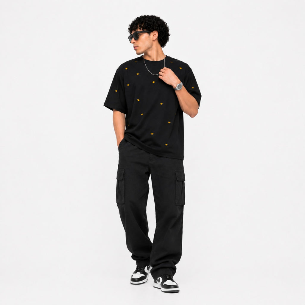 Men's Charcoal Minimal Print Oversized T-Shirt-4